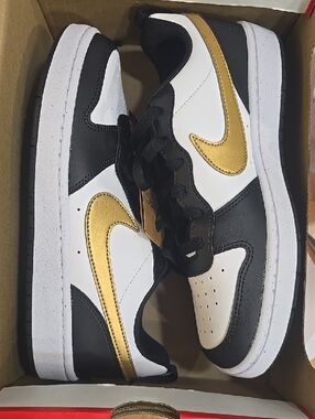 Nike Black White Dunks with Gold Swoosh